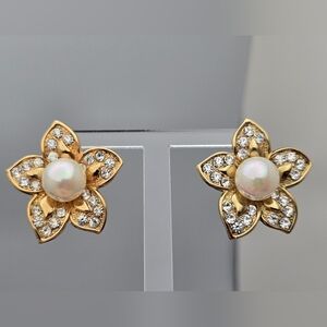 Vintage Park Lane Gold Faux Pearl Diamond Flower Earrings